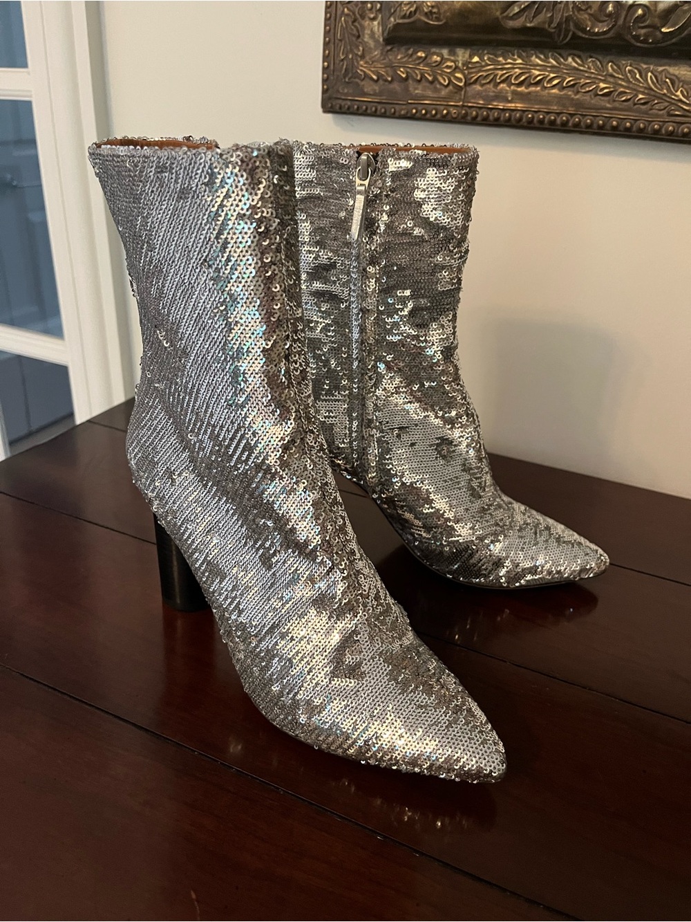 IRO Silver Sequin Pointed Ankle Boots